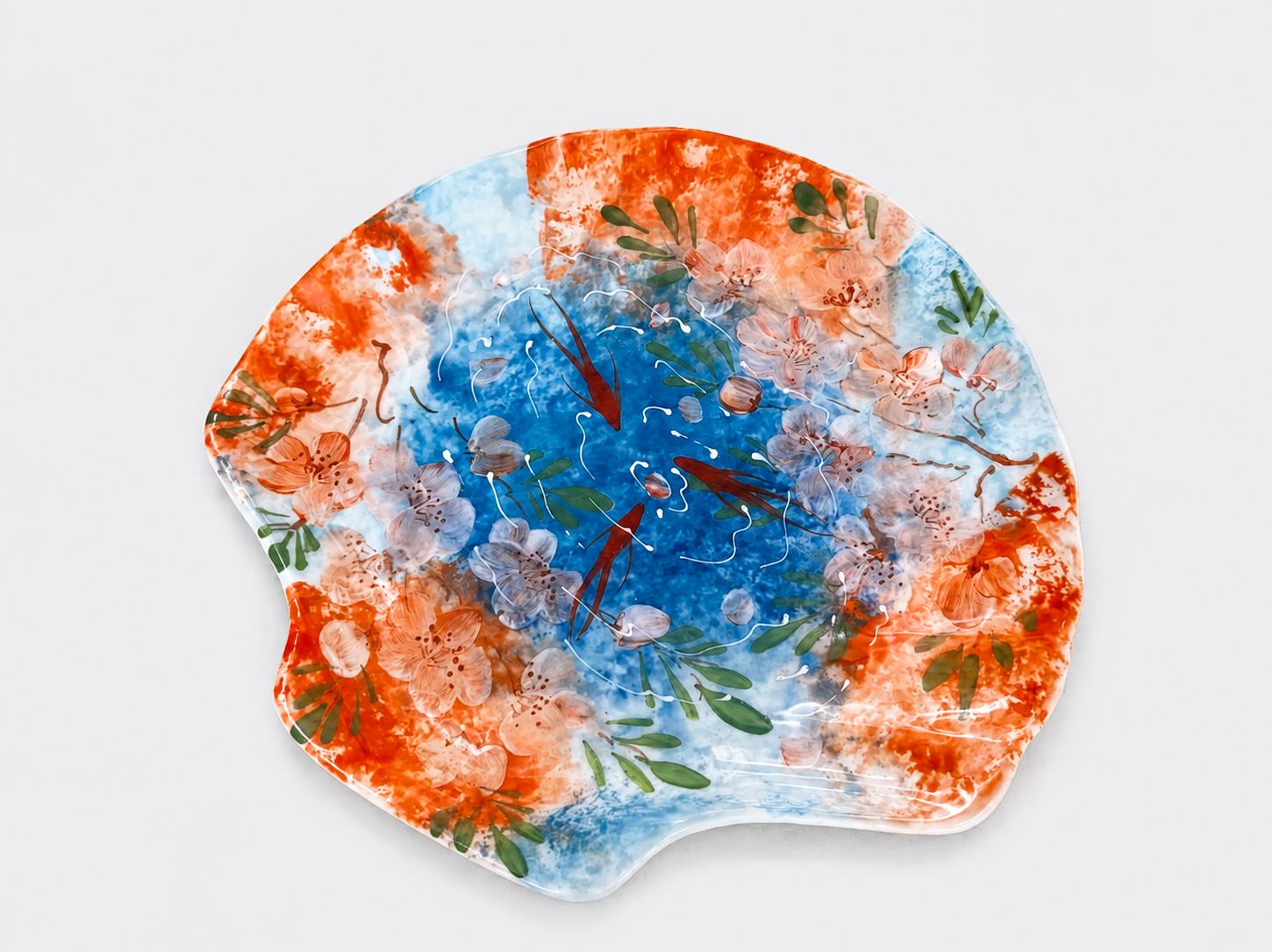 Hand-Painted Blue & Orange Floral Ceramic Plate – Organic Shell Shape Serving Dish