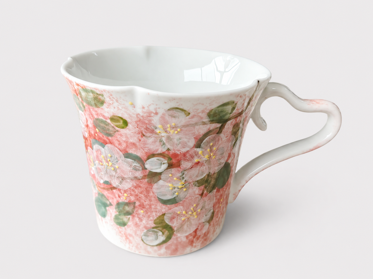 Hand-Painted Cherry Blossom Ceramic Mug – 280ml Floral Tea & Coffee Cup with Heart-Shaped Handle