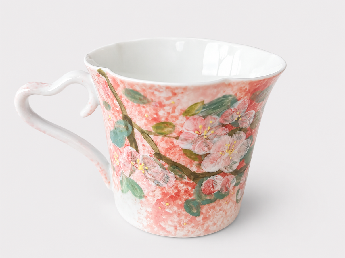 Hand-Painted Cherry Blossom Ceramic Mug – 280ml Floral Tea & Coffee Cup with Heart-Shaped Handle
