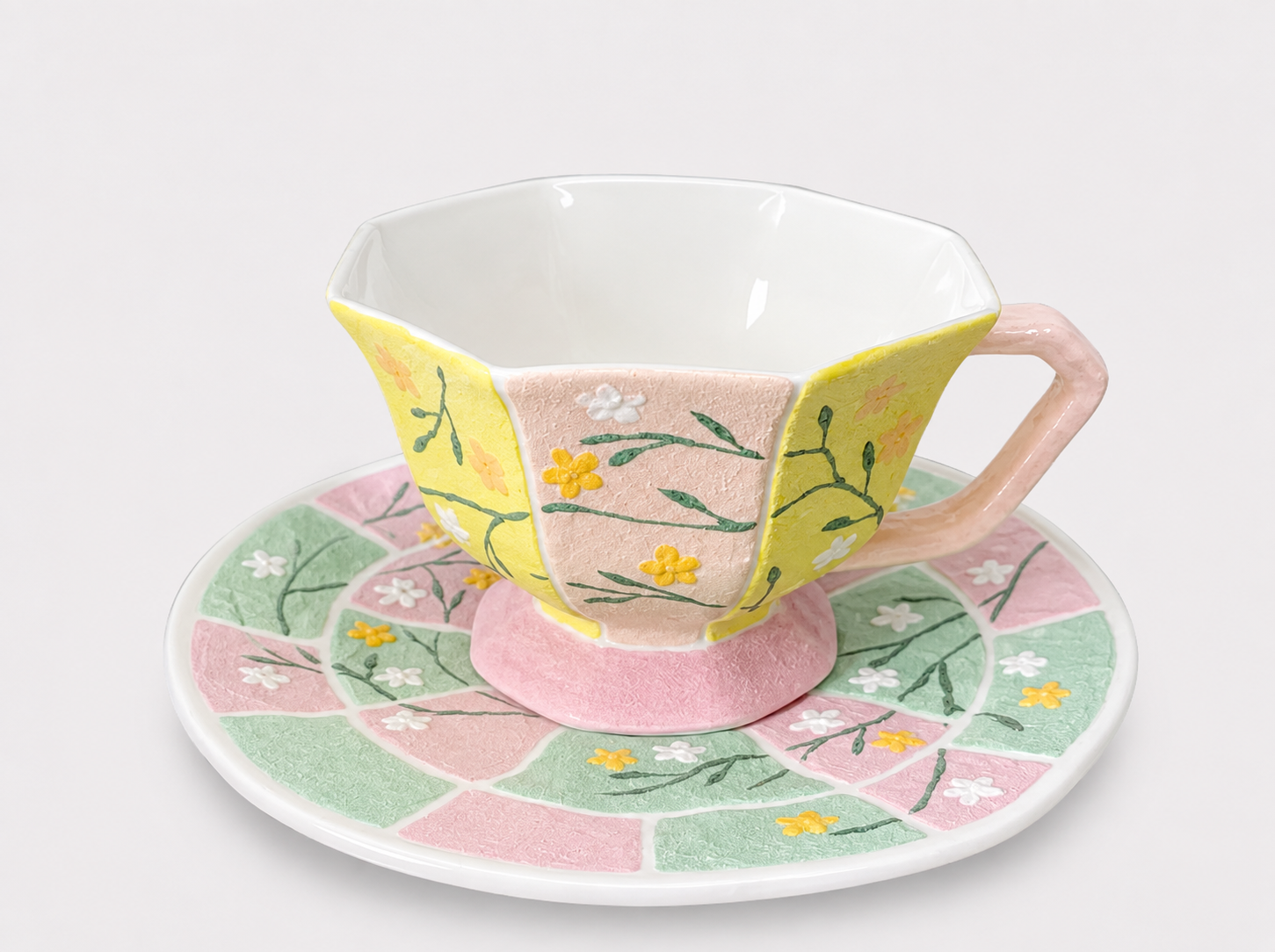 Spring Mosaic Hand-Painted Mineral Art Ceramic Cup & Saucer Set