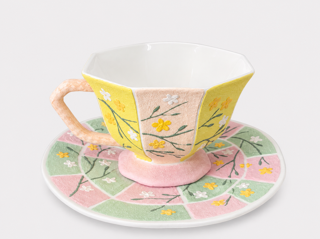 Spring Mosaic Hand-Painted Mineral Art Ceramic Cup & Saucer Set