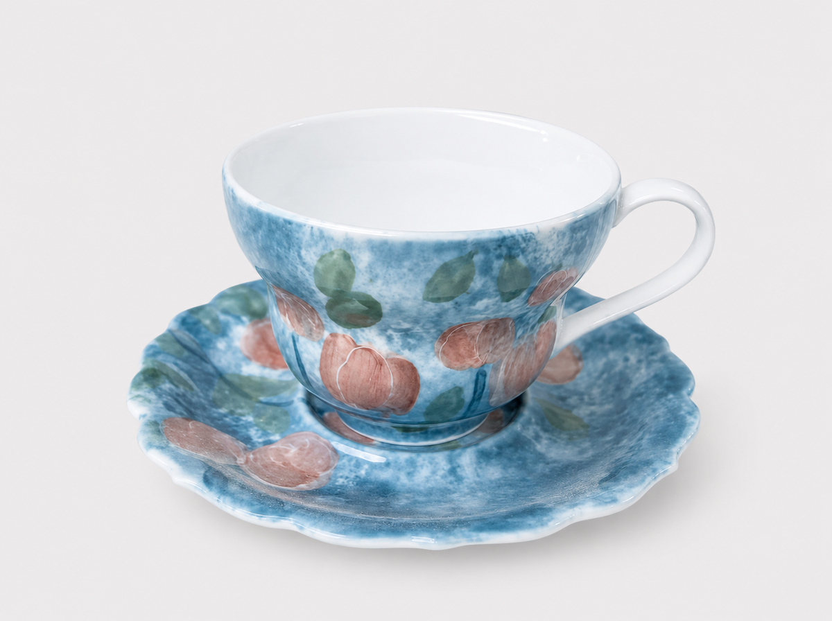 Hand-Painted Pink Rose Ceramic Cup & Saucer Set – 120ml Espresso & Tea Cup