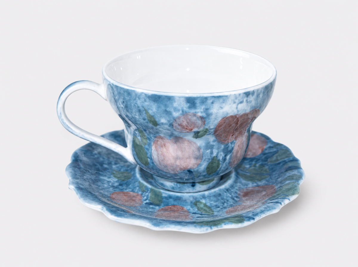 Hand-Painted Pink Rose Ceramic Cup & Saucer Set – 120ml Espresso & Tea Cup