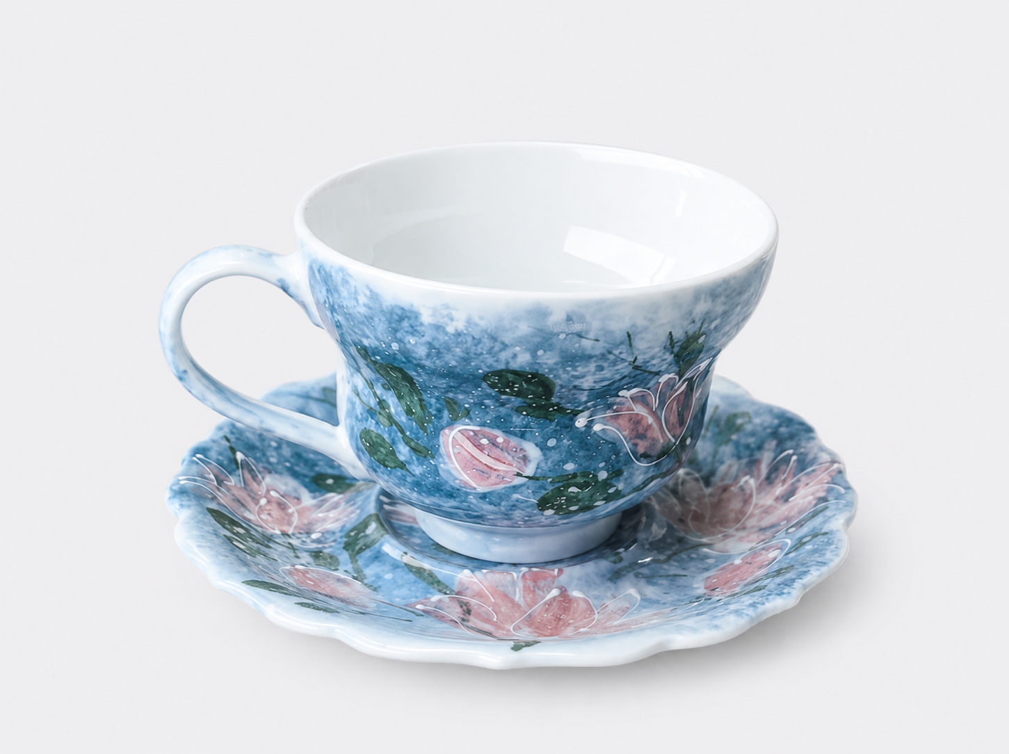 Hand-Painted Water Lily Ceramic Cup & Saucer Set – 120ml Espresso & Tea Cup