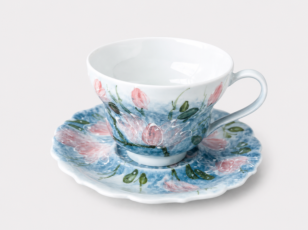 Hand-Painted Water Lily Ceramic Cup & Saucer Set – 120ml Espresso & Tea Cup