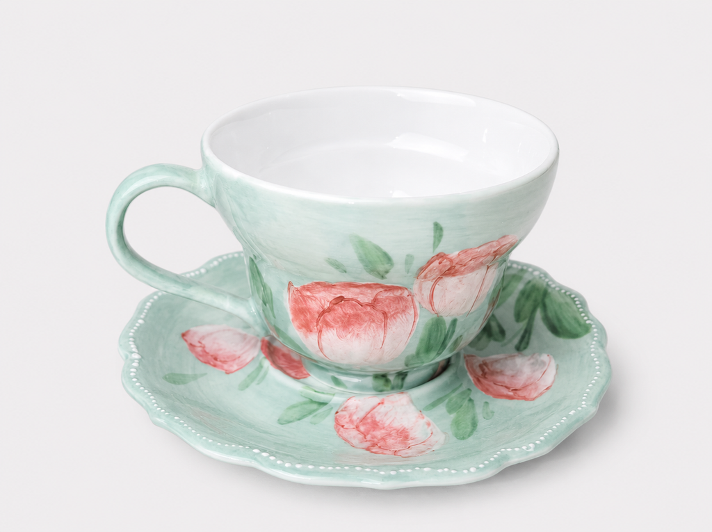 Hand-Painted Pink Floral Ceramic Cup & Saucer Set–120ml Espresso & Tea Cup