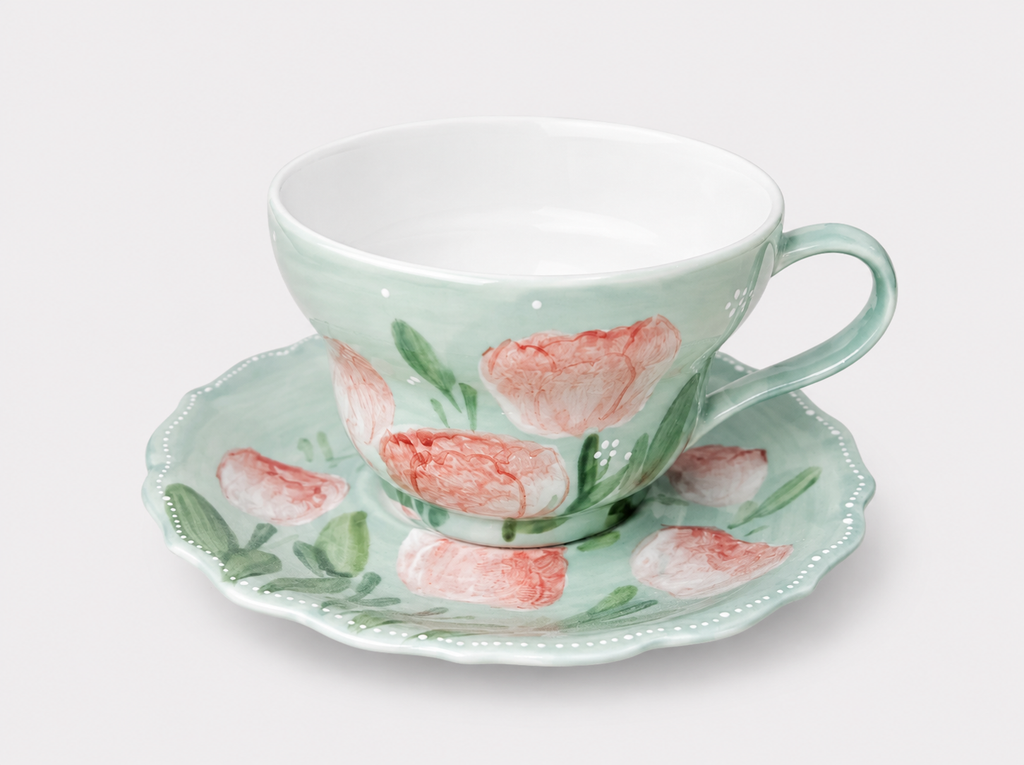 Hand-Painted Pink Floral Ceramic Cup & Saucer Set–120ml Espresso & Tea Cup
