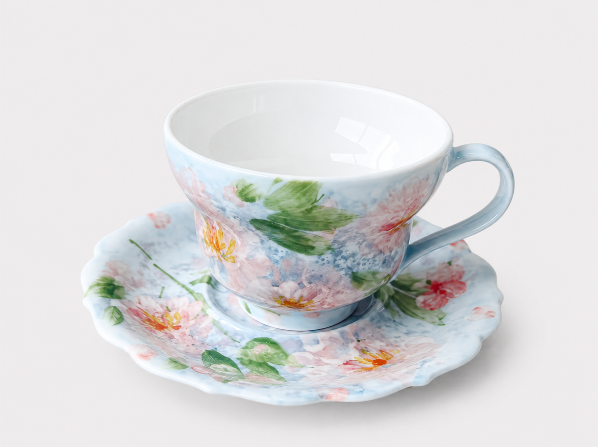 Hand-Painted Blue & Pink Floral Ceramic Cup & Saucer Set–120ml Espresso & Tea Cup