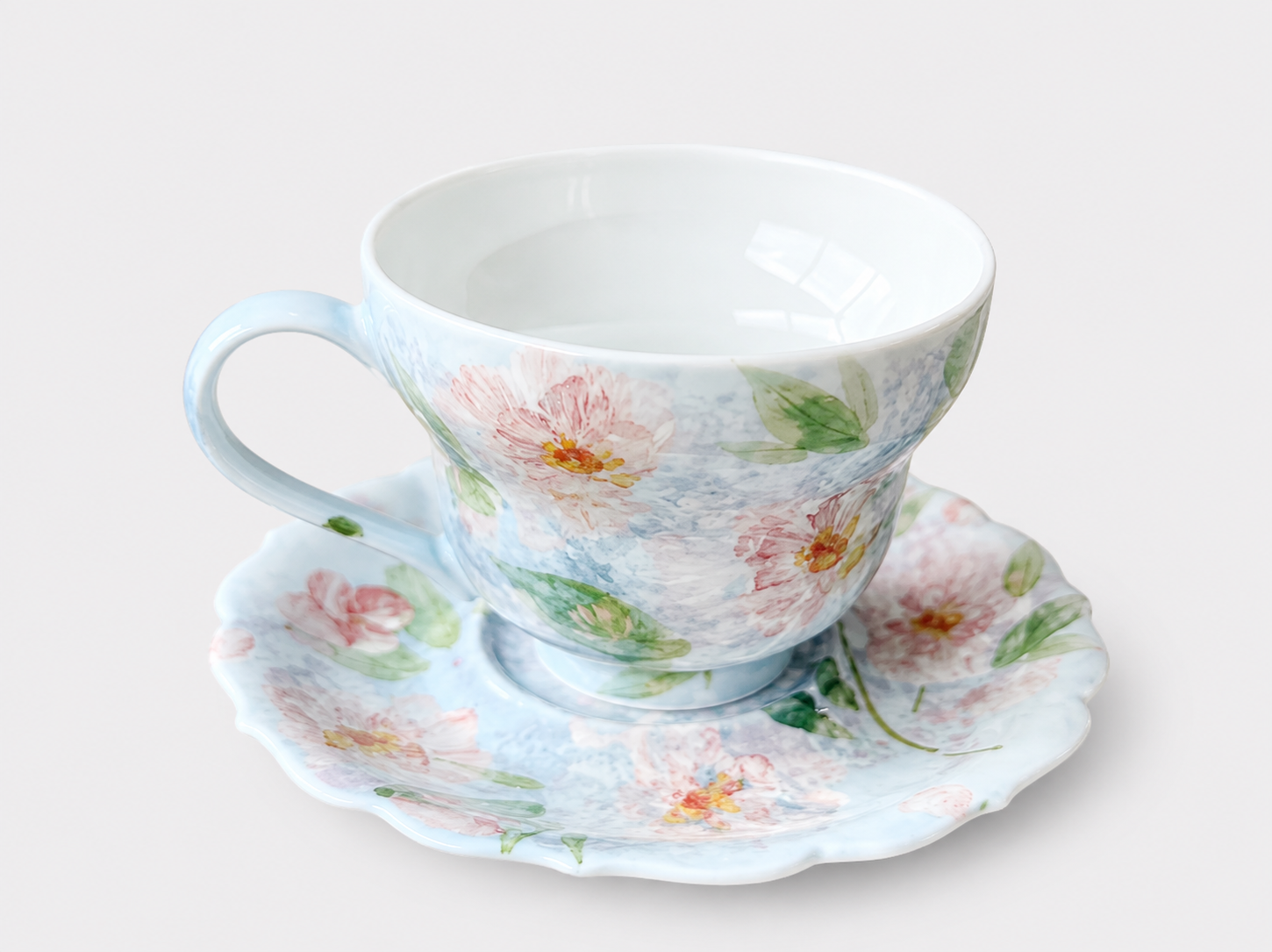 Hand-Painted Blue & Pink Floral Ceramic Cup & Saucer Set–120ml Espresso & Tea Cup