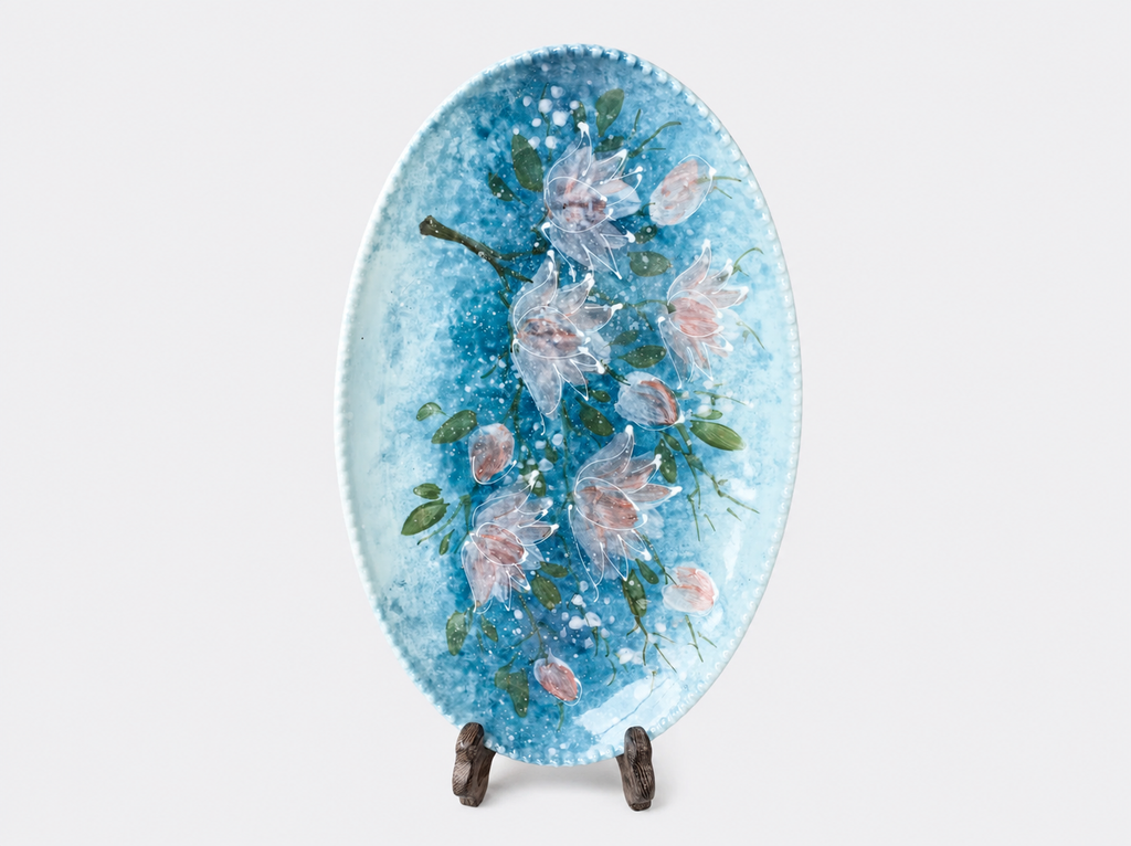 Hand-Painted Blue Floral Oval Ceramic Plate–24cm Serving Platter for Desserts & Snacks