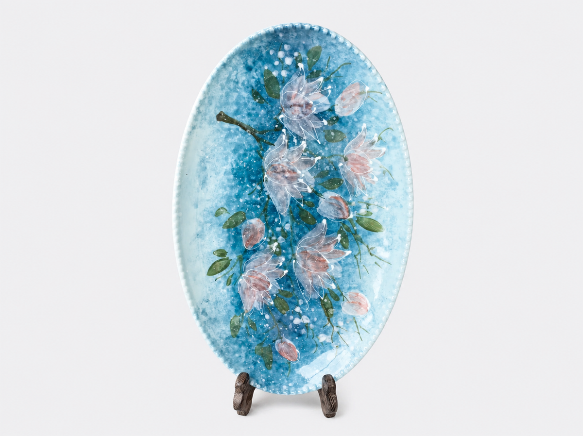 Hand-Painted Blue Floral Oval Ceramic Plate–24cm Serving Platter for Desserts & Snacks