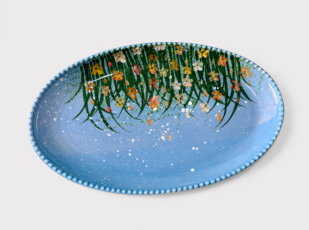Hand-Painted Blue Wildflower Oval Ceramic Plate – 24cm Serving Platter