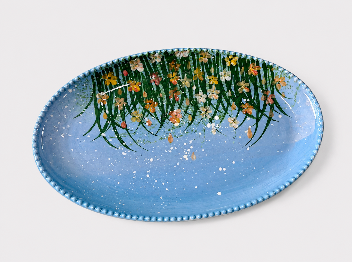 Hand-Painted Blue Wildflower Oval Ceramic Plate – 24cm Serving Platter