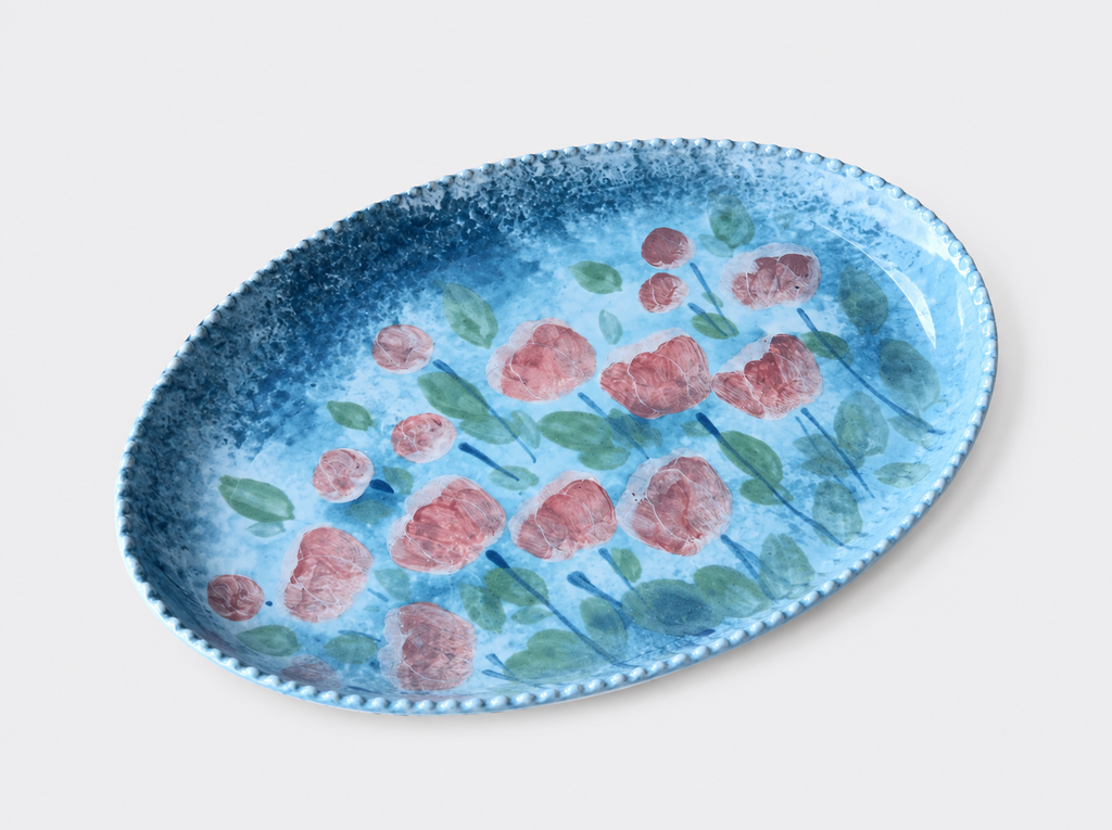Hand-Painted Pink Rose Oval Ceramic Plate – 24cm Serving Platter