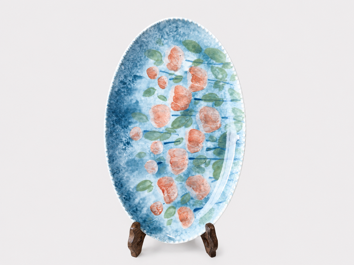 Hand-Painted Pink Rose Oval Ceramic Plate – 24cm Serving Platter