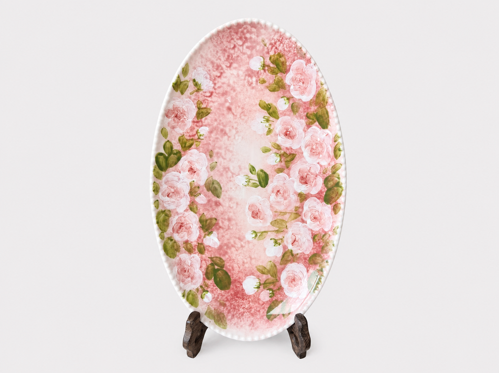 Hand-Painted Blue Rose Oval Ceramic Plate – 24cm Serving Platter