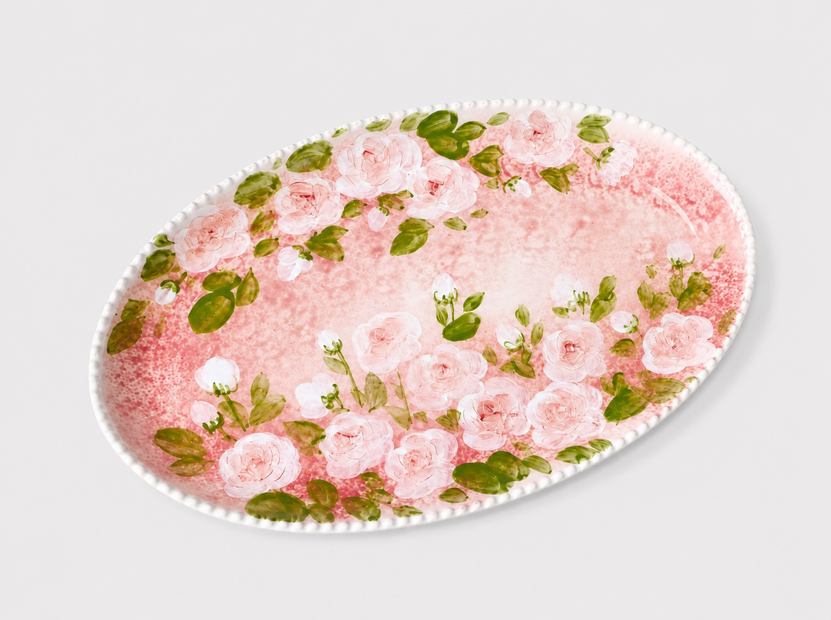 Hand-Painted Blue Rose Oval Ceramic Plate – 24cm Serving Platter