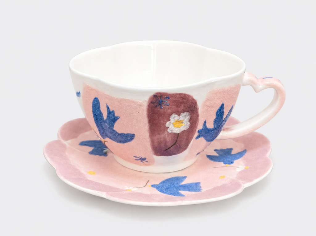 Hand-Painted Mineral Art Blue Swallow & Blossom Cup and Saucer Set