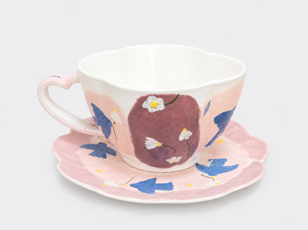 Hand-Painted Mineral Art Blue Swallow & Blossom Cup and Saucer Set