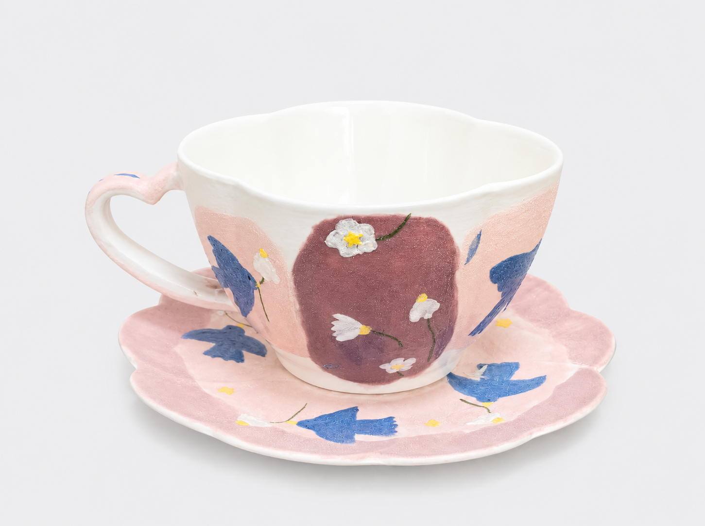 Hand-Painted Mineral Art Blue Swallow & Blossom Cup and Saucer Set