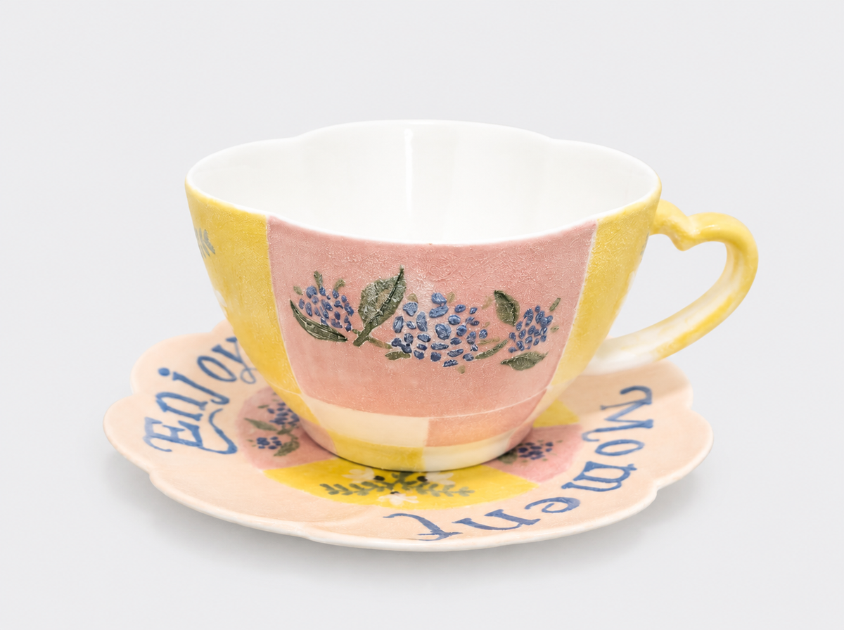 Handcrafted Mineral Floral Petal-Rim Cup and Saucer Set