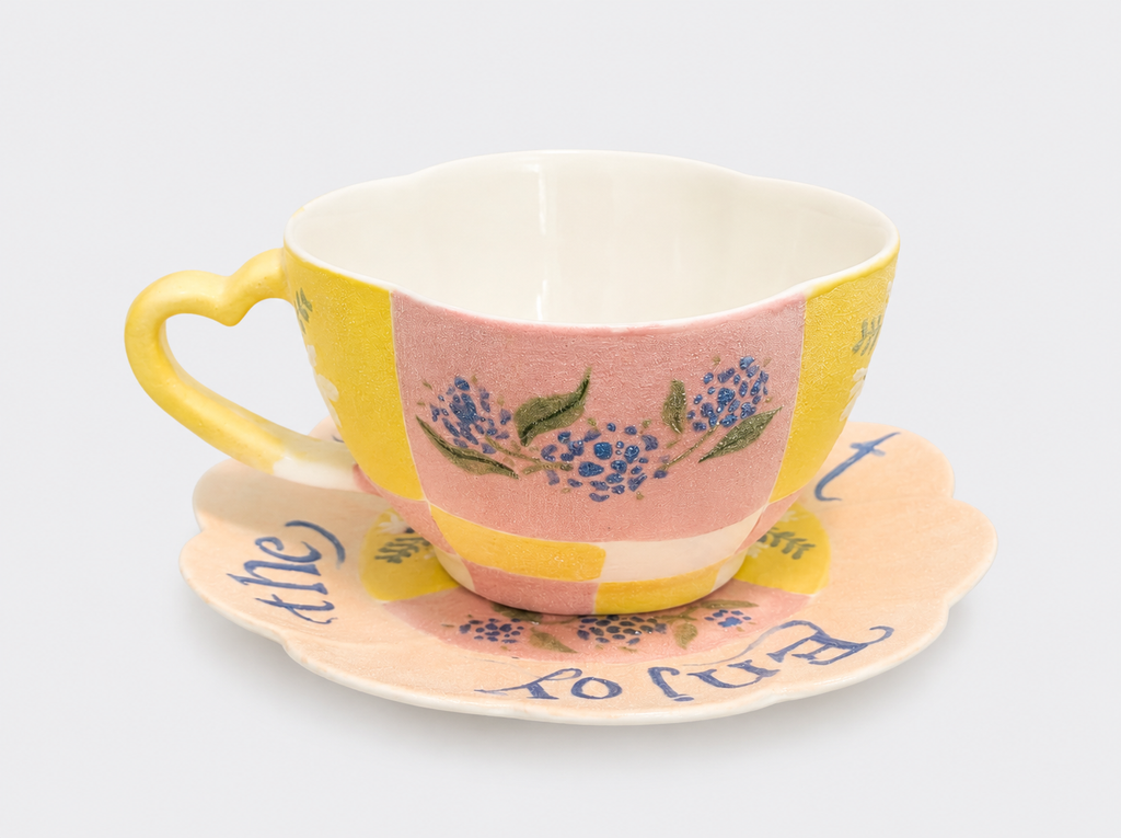 Handcrafted Mineral Floral Petal-Rim Cup and Saucer Set