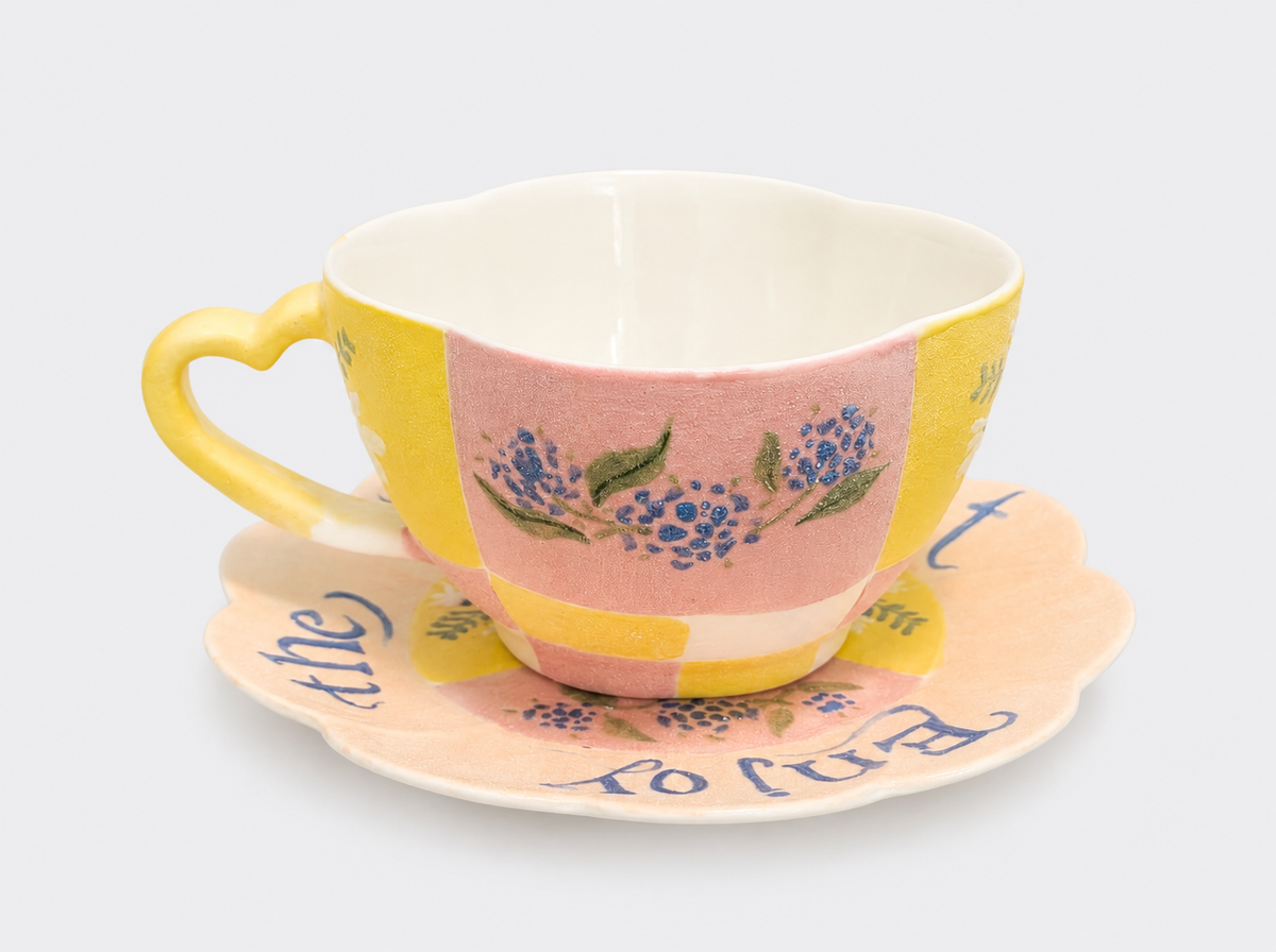 Handcrafted Mineral Floral Petal-Rim Cup and Saucer Set