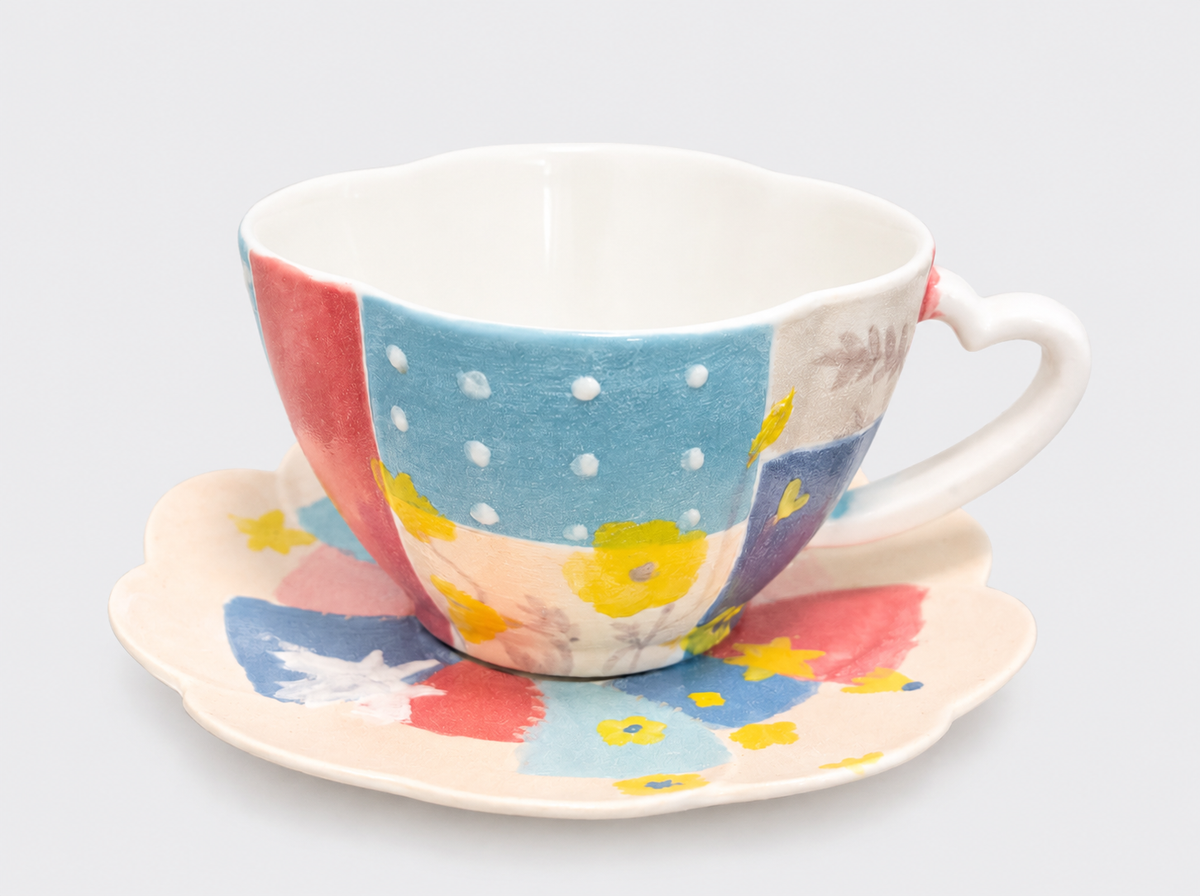 Handcrafted Mineral Art Patchwork Floral Cup and Saucer Set