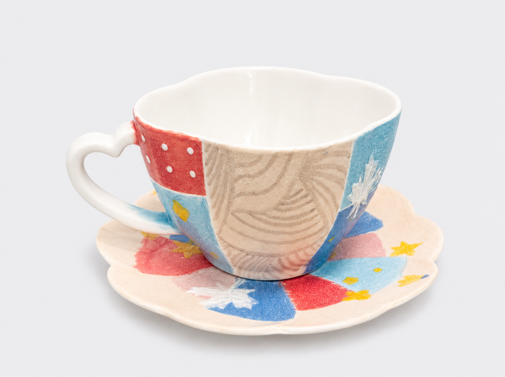 Handcrafted Mineral Art Patchwork Floral Cup and Saucer Set