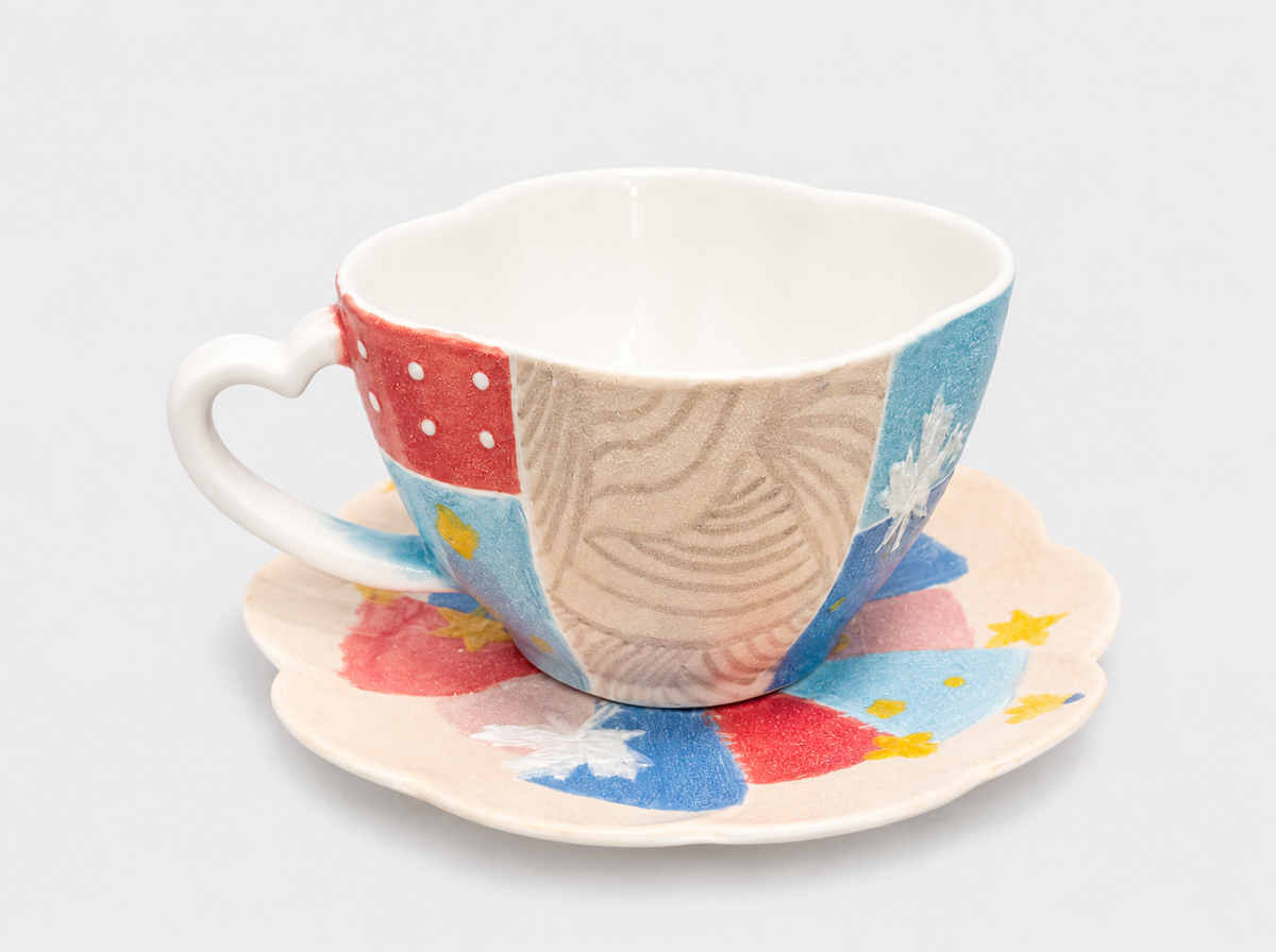 Handcrafted Mineral Art Patchwork Floral Cup and Saucer Set