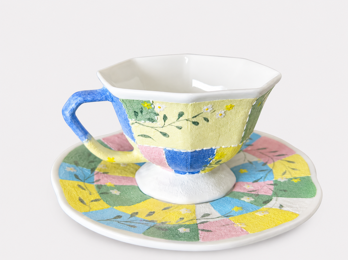 Wildflower Mosaic Hand-Painted Mineral Art Ceramic Cup & Saucer Set