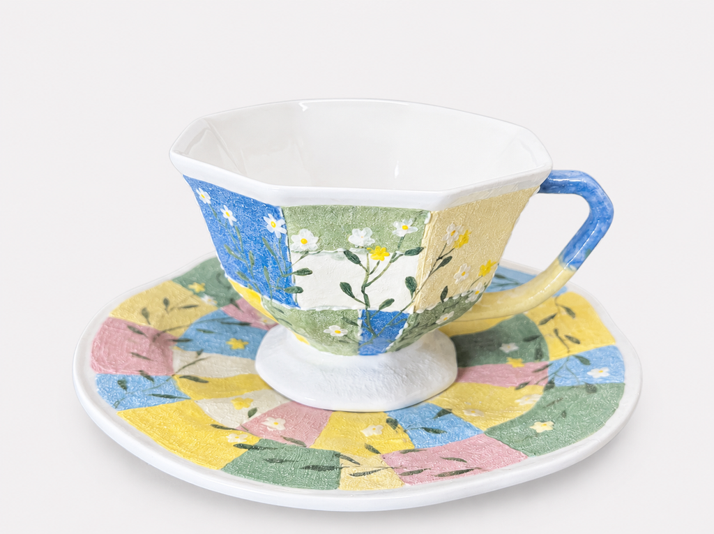 Wildflower Mosaic Hand-Painted Mineral Art Ceramic Cup & Saucer Set