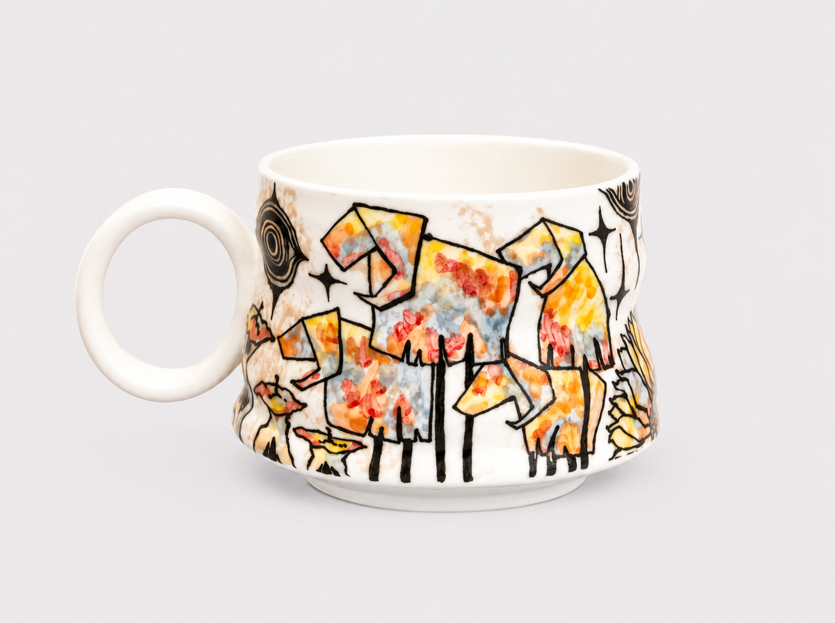 Ram Reverie Hand-Painted Ring Handle Ceramic Cup – Limited Artist Edition