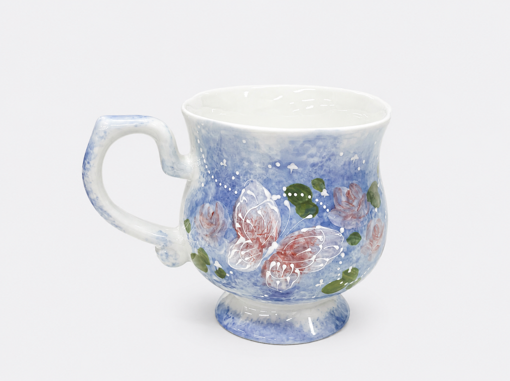 Handmade Dip-dye  Porcelain Mug Blue & Pink Floral Vintage Coffee Cup