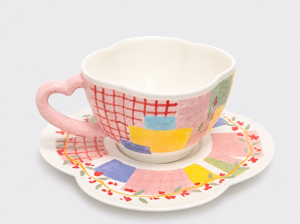 Handcrafted Mineral Art Garden Patchwork Cup and Saucer Set