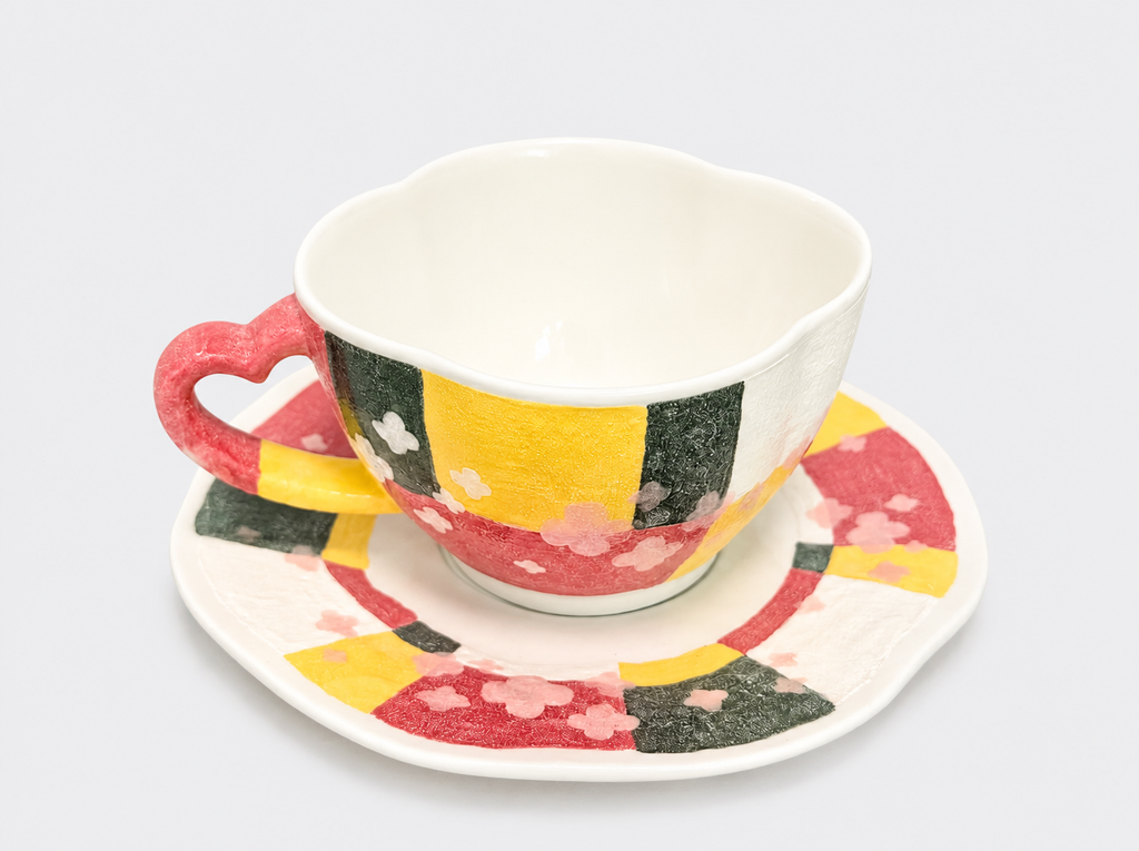 Handcrafted Mineral Art Colour Block Blossom Cup and Saucer Set