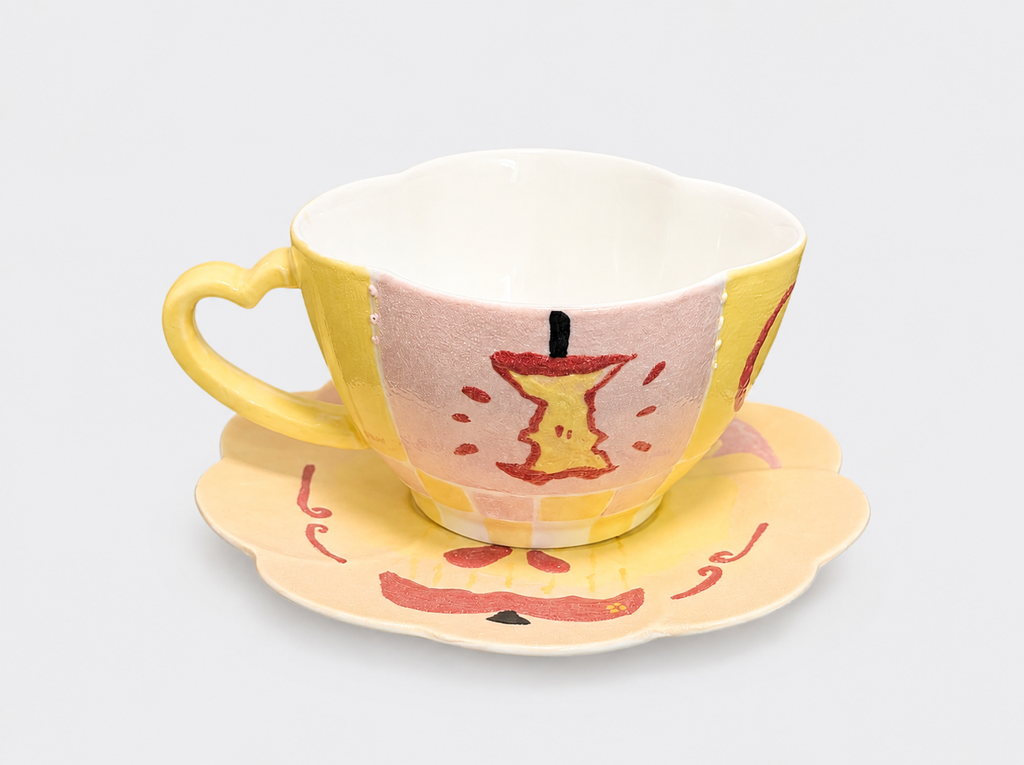 Handcrafted Mineral Art Apple Dog Illustrated Cup and Saucer Set