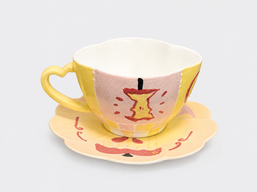 Apple Dog Illustrated Handmade Mineral Ceramic Cup & Saucer