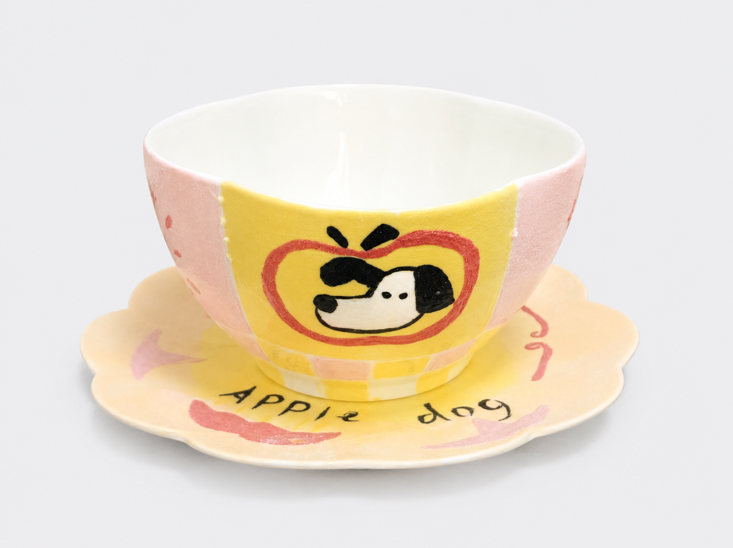 Handcrafted Mineral Art Apple Dog Illustrated Cup and Saucer Set