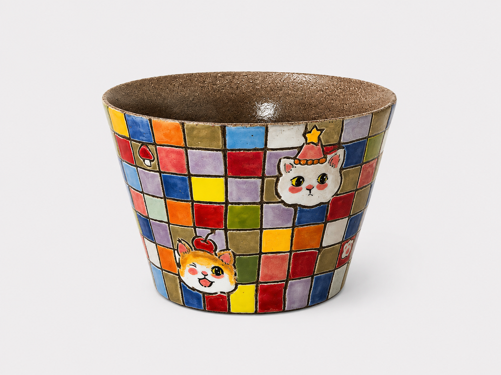 Artist Collection Zisha Checkered Mug with Hand-Painted Cat Design – 300ml