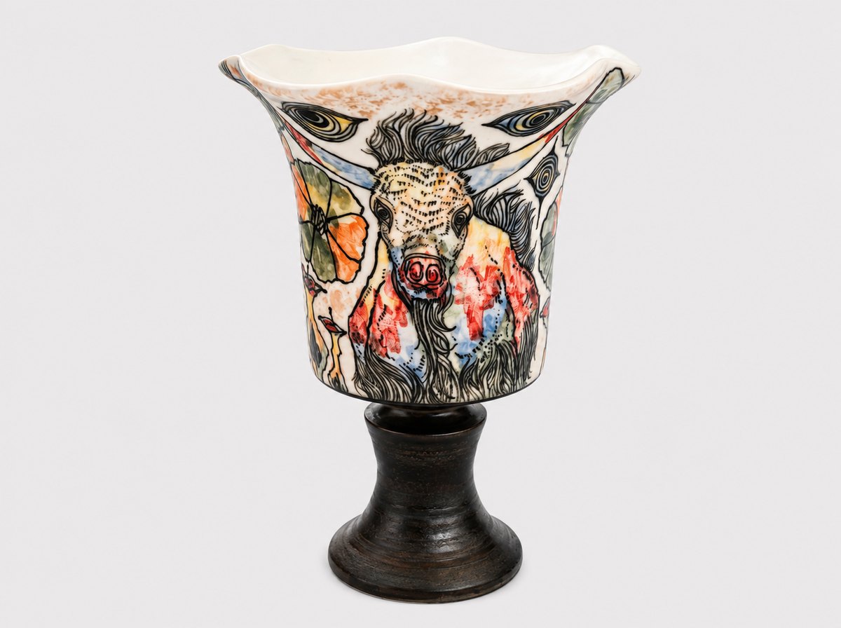 Wild Reverie Hand-Painted Flared Rim Pedestal Ceramic Cup – Limited Artist Edition