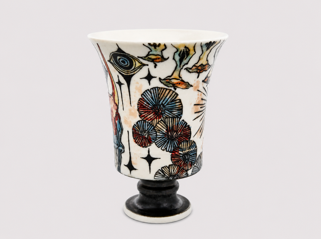 Watcher’s Reverie Hand-Painted Pedestal Ceramic Cup – Limited Artist Edition
