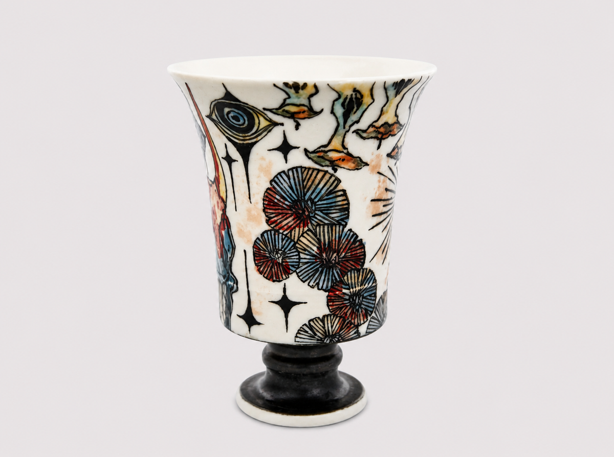 Watcher’s Reverie Hand-Painted Pedestal Ceramic Cup – Limited Artist Edition
