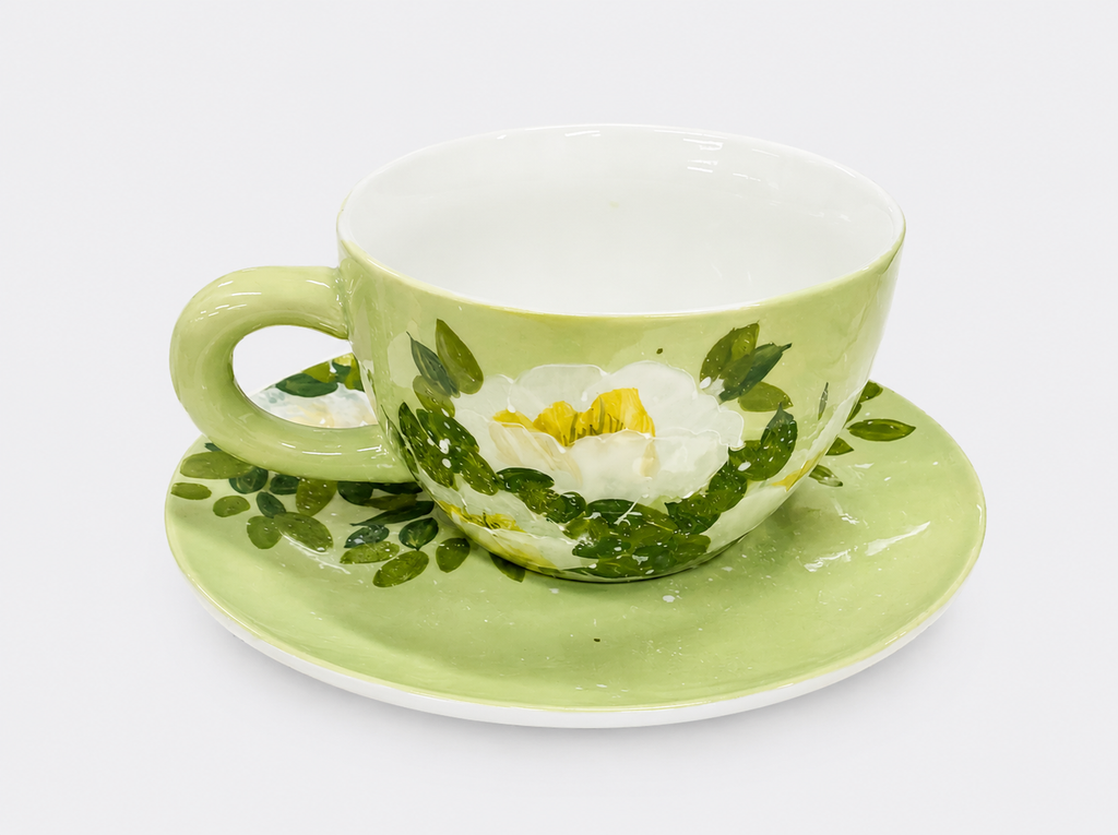 Hand-painted Sage Green Cup and Saucer Set  Underglaze Floral Tea Coffee Cup