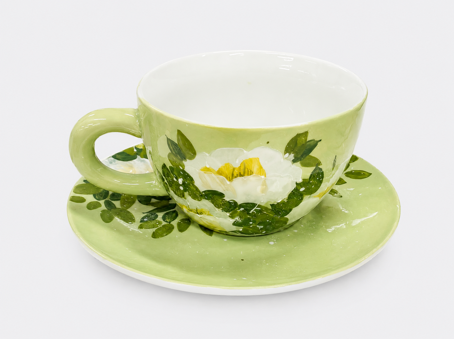 Hand-painted Sage Green Cup and Saucer Set  Underglaze Floral Tea Coffee Cup
