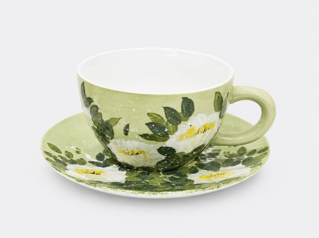 Hand-painted Sage Green Cup and Saucer Set  Underglaze Floral Tea Coffee Cup