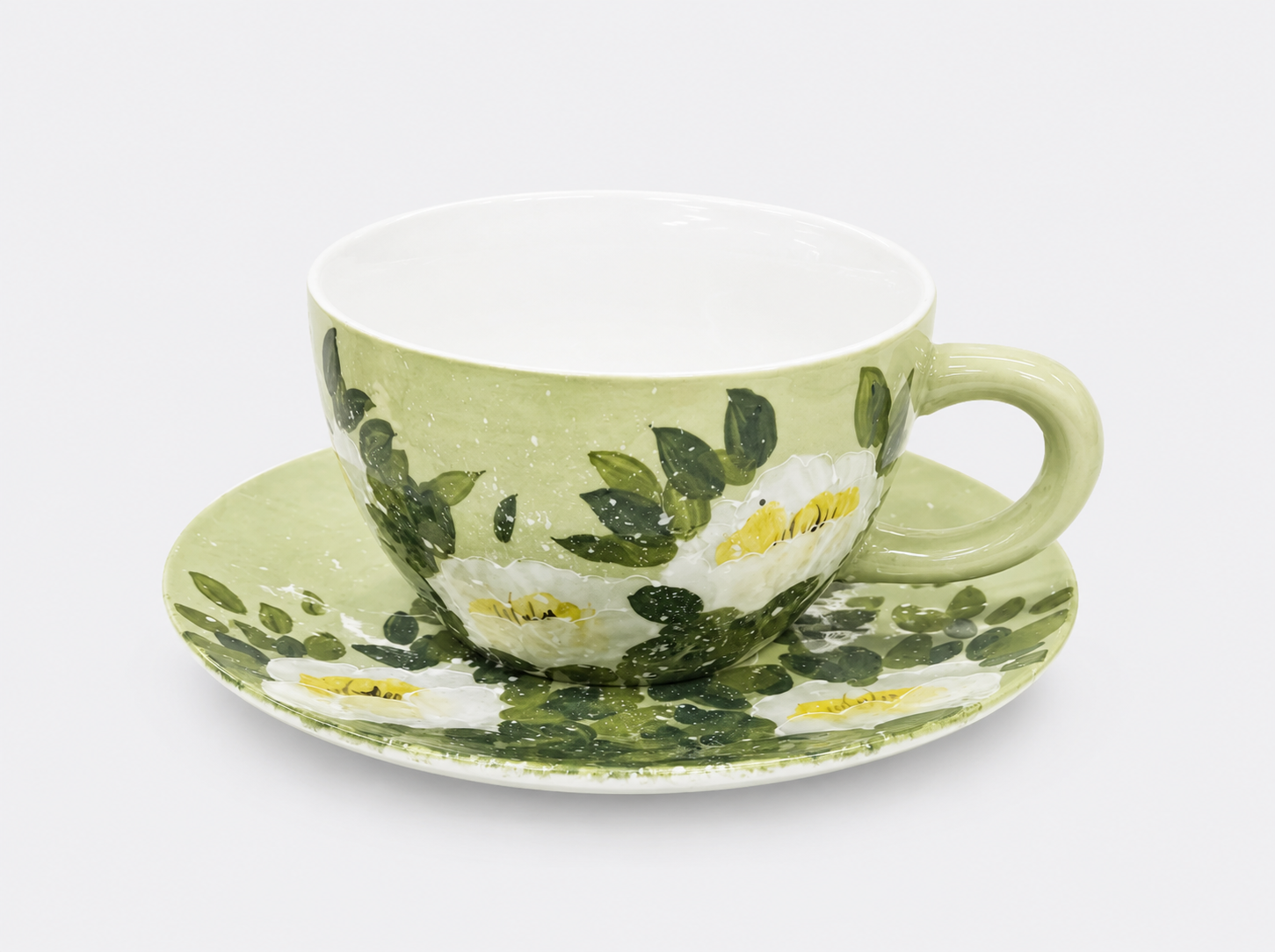 Hand-painted Sage Green Cup and Saucer Set  Underglaze Floral Tea Coffee Cup