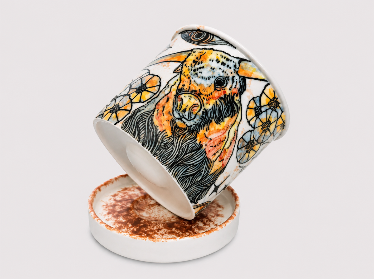 Wild Bison Hand-Painted Rotating Balance Ceramic Cup with Stand – Limited Artist Edition