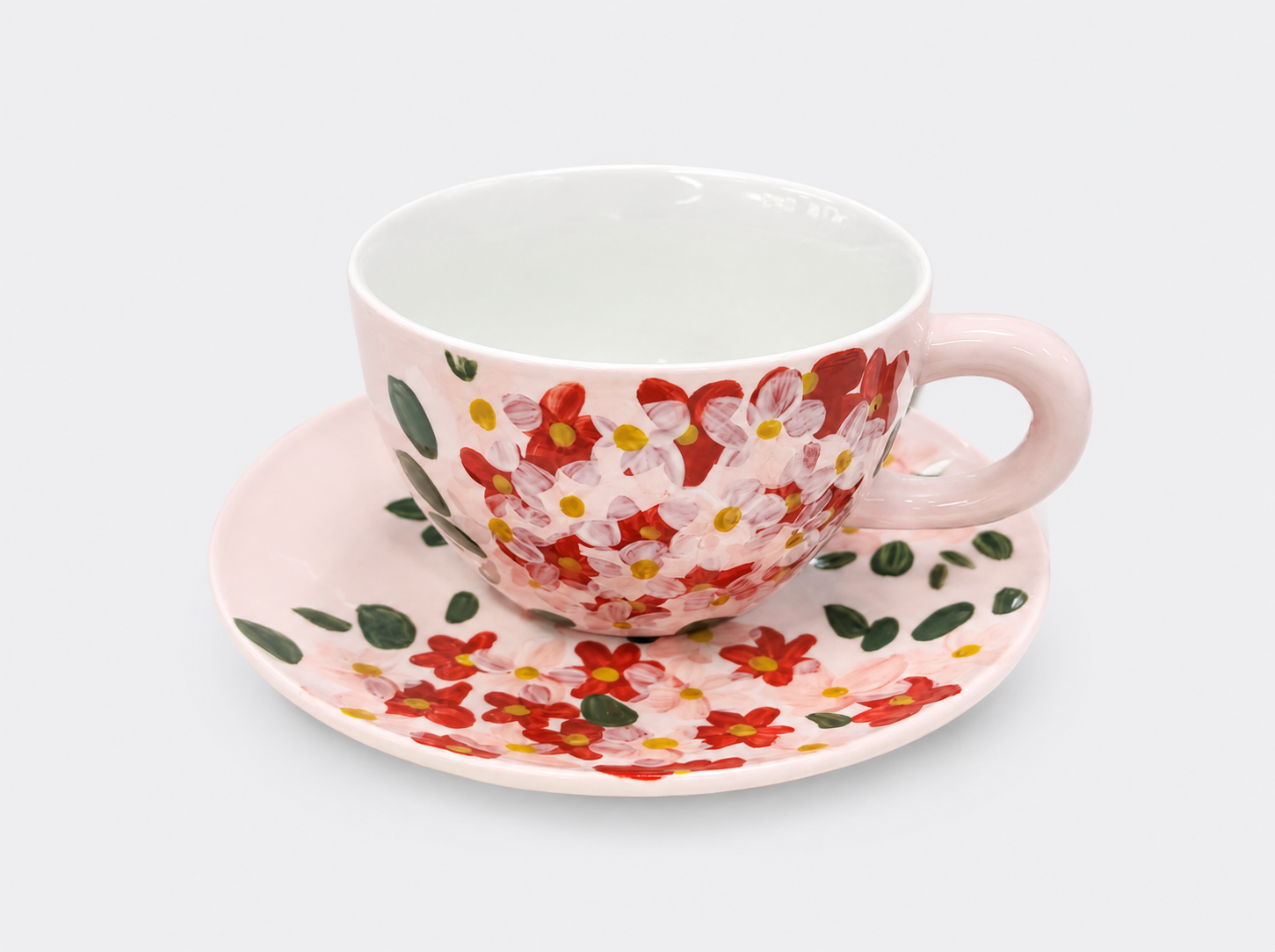 Handmade Ceramic Tea Cup with Saucer Red Wildflower Porcelain Tea Coffee Set