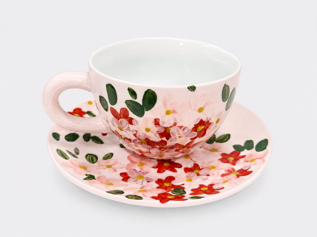 Handmade Ceramic Tea Cup with Saucer Red Wildflower Porcelain Tea Coffee Set